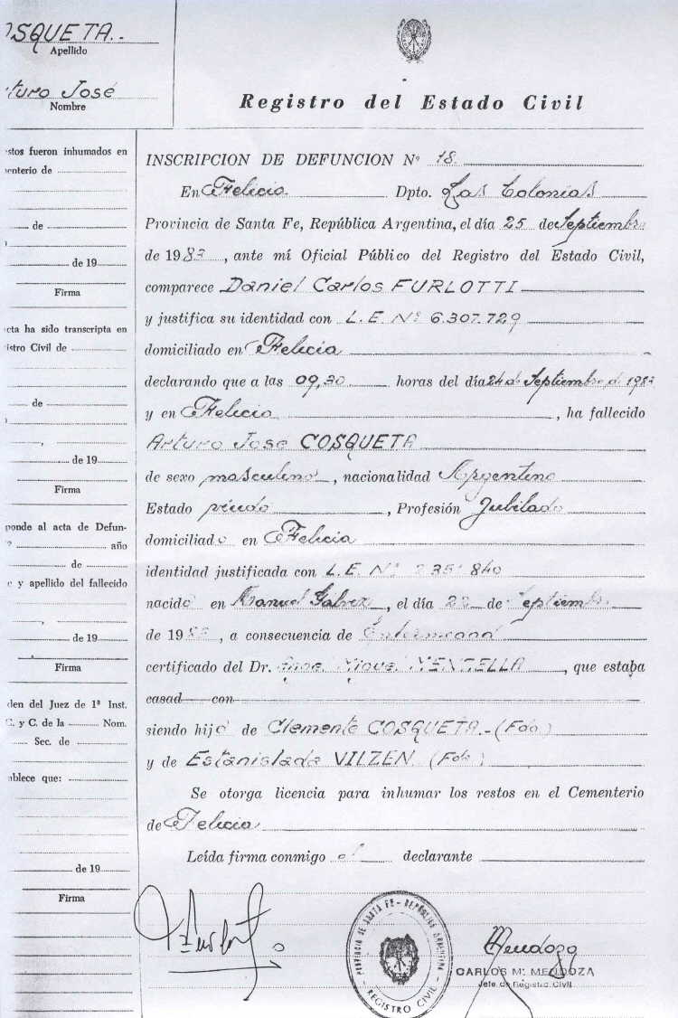 Acta de Defuncin de Arturo Jos Cosqueta