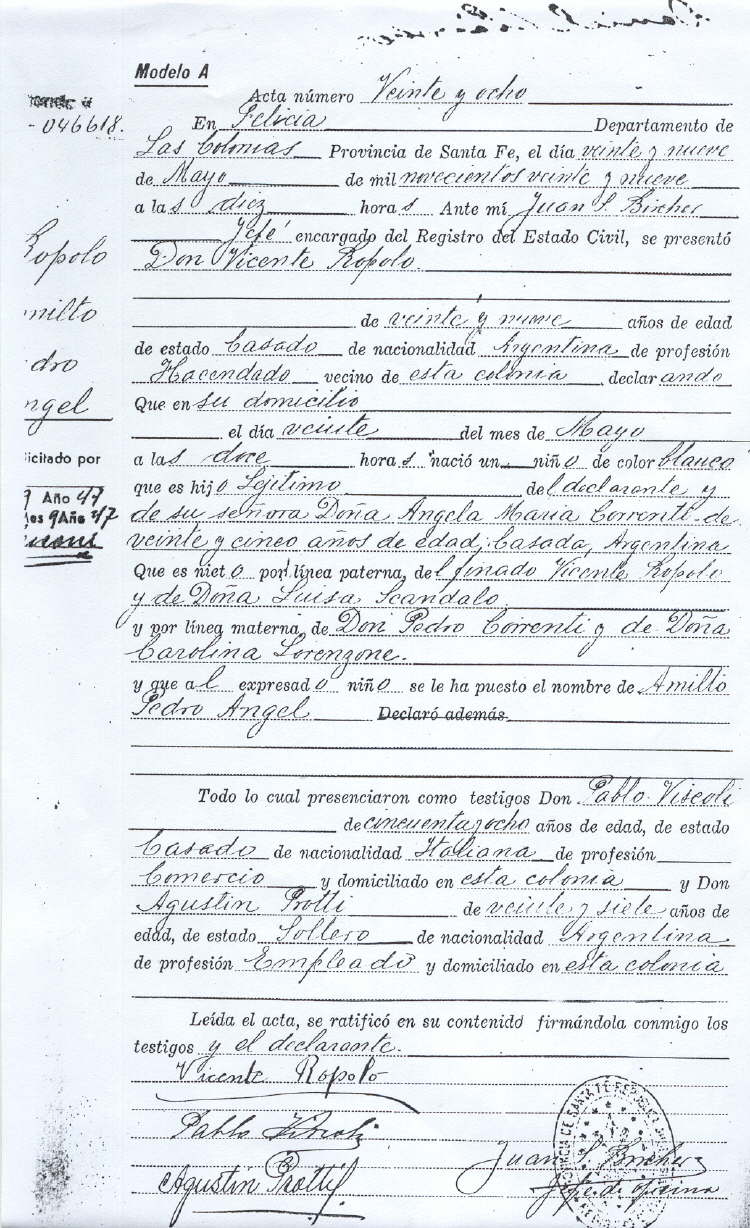 Acta de Nacimiento de Amilto Pedro Angel Ropolo