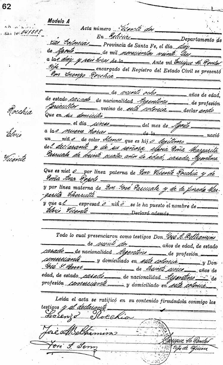 Acta de Nacimiento de Elvio Vicente Rocchia