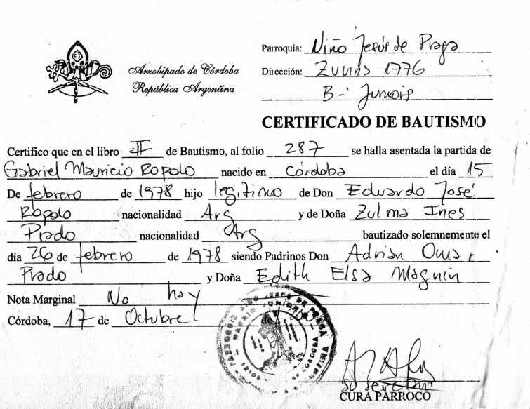 Certificado de Bautismo de GabrielMauricio Ropolo