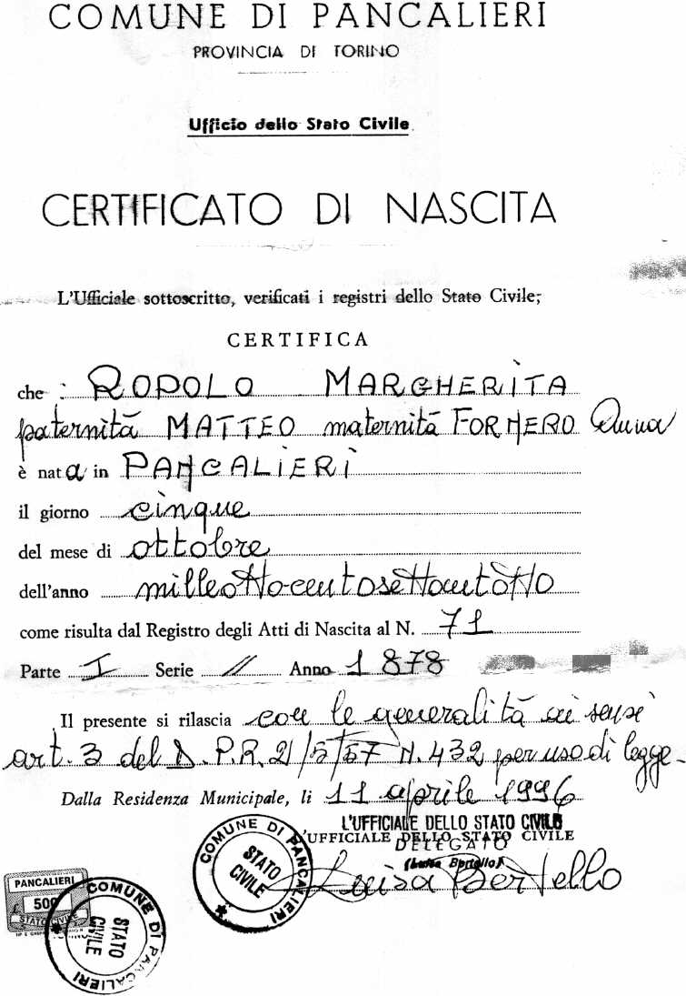 Certificado de Nacimiento de Margarita Ropolo