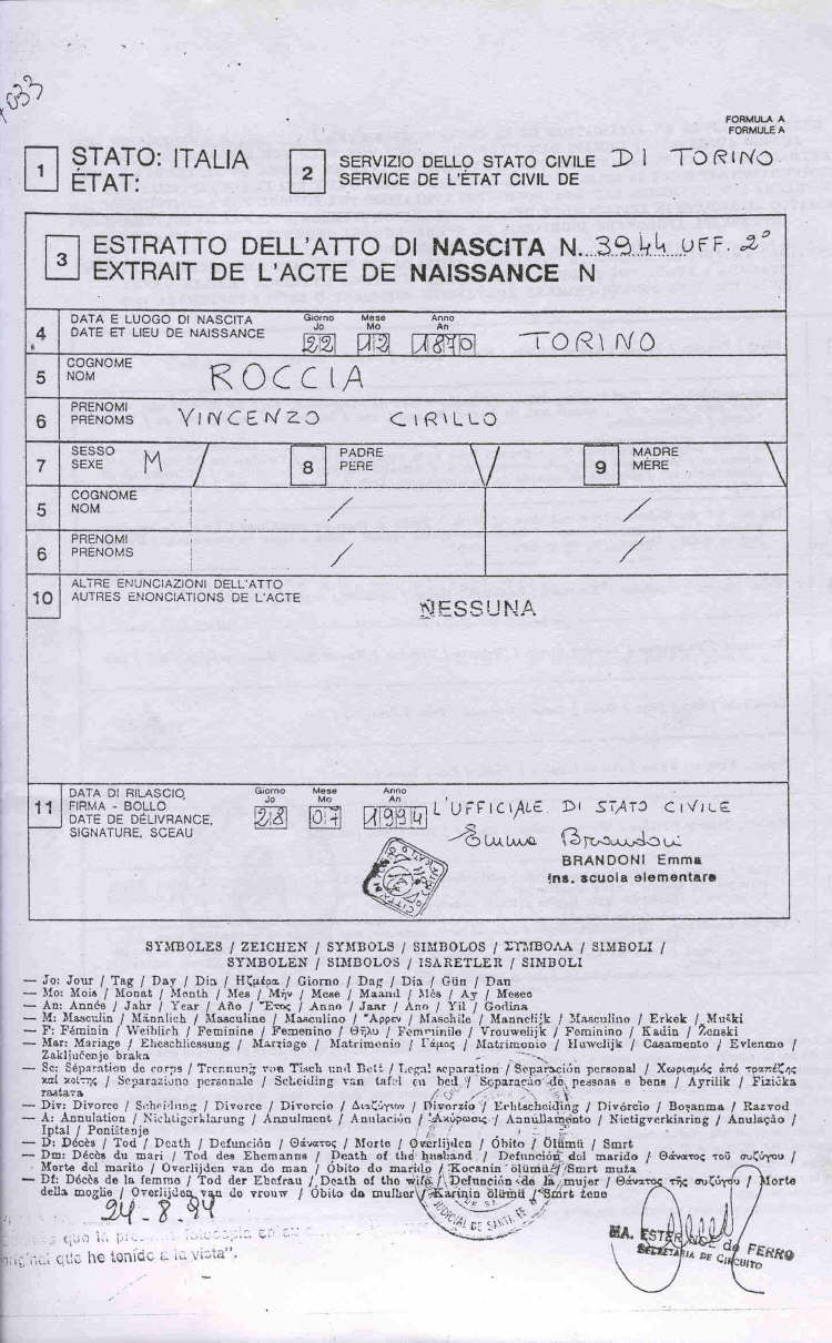 Certificado de Nacimiento de Vicente Cirillo Roccia