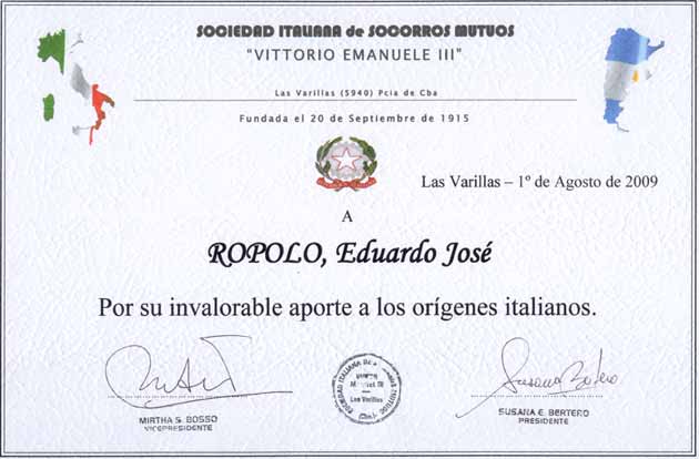 Diploma a Eduardo José Ropolo (año 2009)