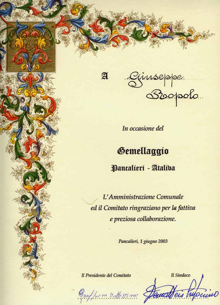 Diploma a Giuseppe Ropolo (año 2003)