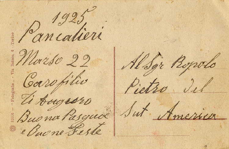 Postal a Pietro Ropolo de un familiar (ao 1925)