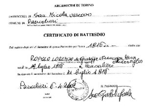 Certificado de Bautismo de Lorenzo Ropolo